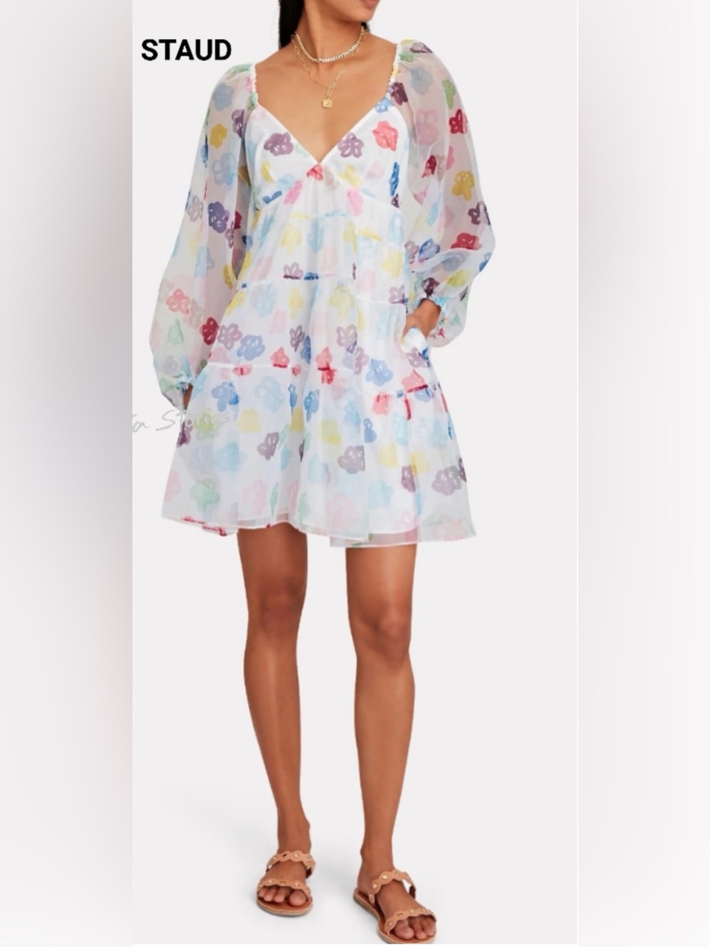 STAUD White Floral Multicolor Tiered Mini Dress - Picture 1 of 8